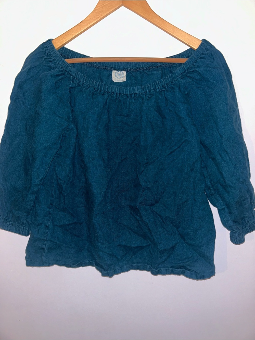 Linenbee Teal Blue European 100% Linen Off the Shoulder Blouse Top